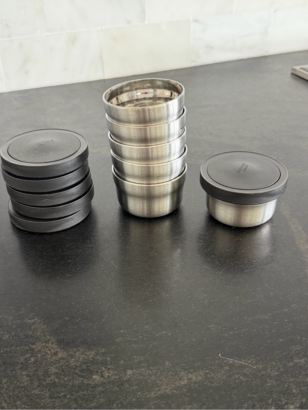 Williams Sonoma Stainless Steel Prep Cups/Egg Bite Cooker with Black Lids